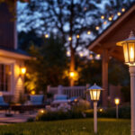 A photograph of a beautifully illuminated yard featuring various styles of pole lamps