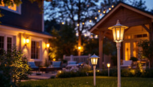 A photograph of a beautifully illuminated yard featuring various styles of pole lamps
