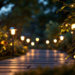 A photograph of a beautifully lit outdoor space featuring solar panel lights illuminating a pathway or garden