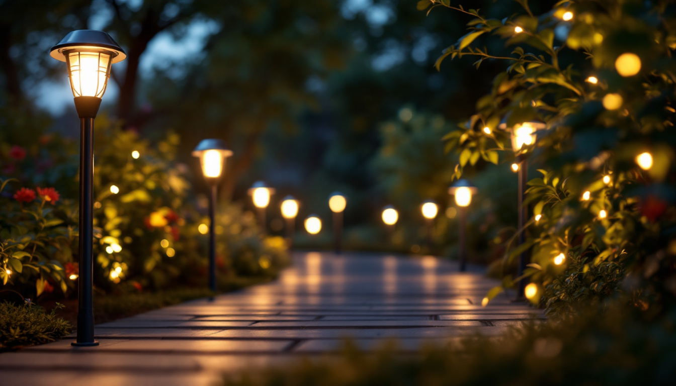 A photograph of a beautifully lit outdoor space featuring solar panel lights illuminating a pathway or garden