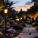 A photograph of a beautifully landscaped outdoor space illuminated by stylish solar lamps during twilight