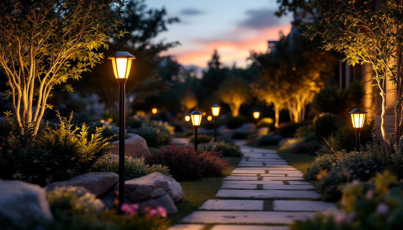 A photograph of a beautifully landscaped outdoor space illuminated by stylish solar lamps during twilight