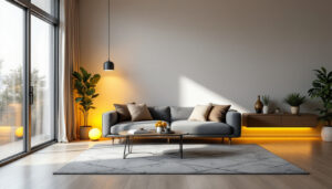 A photograph of a modern living space featuring stylishly replaced can lighting