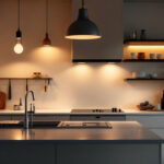 A photograph of a beautifully designed kitchen featuring a variety of stylish lighting fixtures