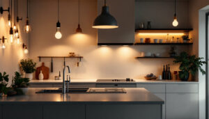 A photograph of a beautifully designed kitchen featuring a variety of stylish lighting fixtures