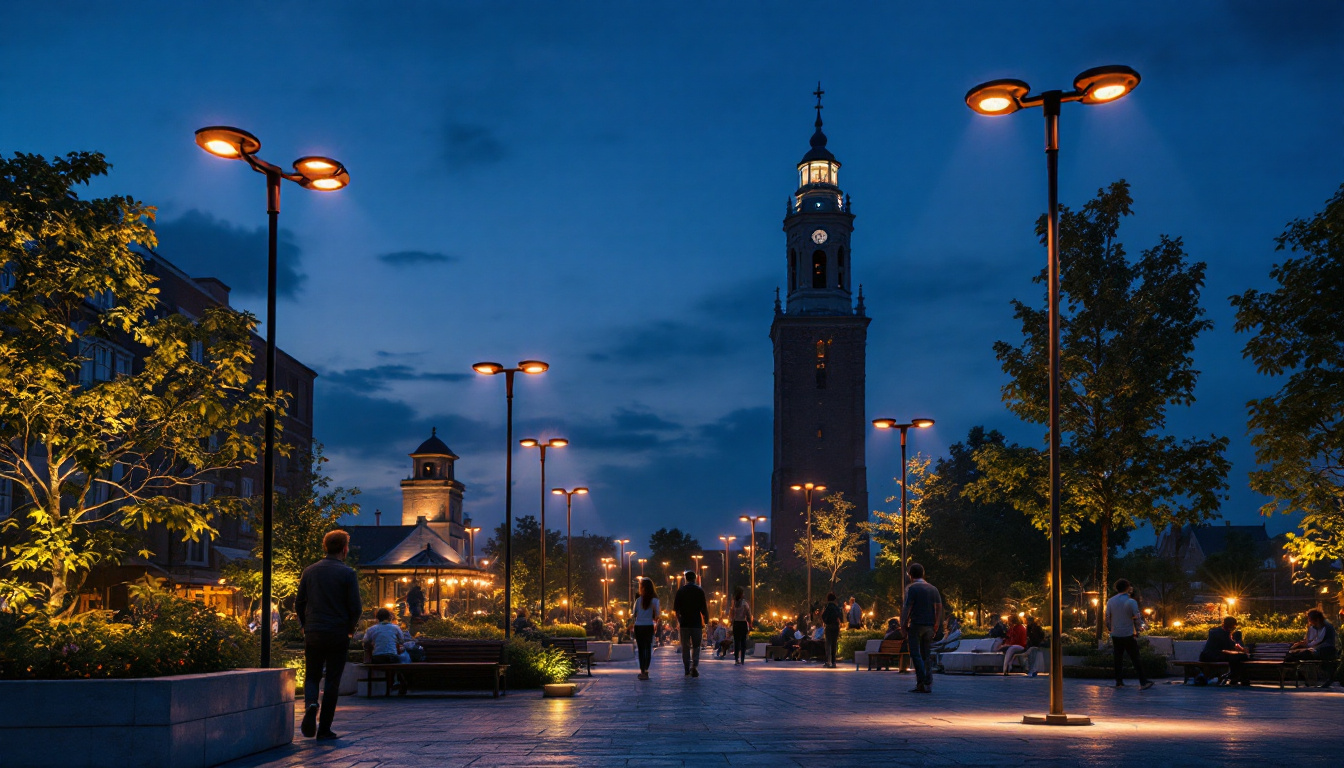 A photograph of a beautifully illuminated outdoor space featuring various styles of pole lighting in action