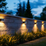 A photograph of a beautifully illuminated outdoor wall featuring stylish solar lights