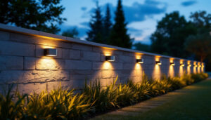 A photograph of a beautifully illuminated outdoor wall featuring stylish solar lights