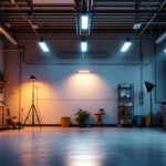 A photograph of a well-lit garage showcasing various led light fixtures installed in different areas