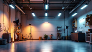 A photograph of a well-lit garage showcasing various led light fixtures installed in different areas