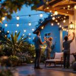 A photograph of a beautifully illuminated outdoor patio featuring decorative string lights