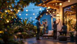A photograph of a beautifully illuminated outdoor patio featuring decorative string lights