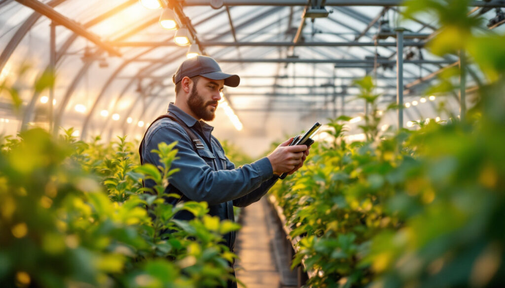 A photograph of a skilled lighting contractor working in a greenhouse