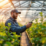 A photograph of a skilled lighting contractor working in a greenhouse