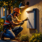 A photograph of a skilled lighting contractor installing or inspecting an outdoor electrical box cover in a well-lit
