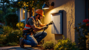 A photograph of a skilled lighting contractor installing or inspecting an outdoor electrical box cover in a well-lit