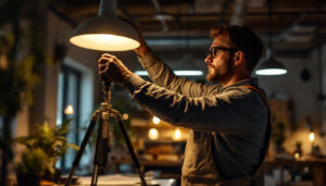A photograph of a well-lit workspace featuring a lighting contractor installing or adjusting light fixtures that emit a warm 4200 kelvin glow