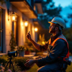 A photograph of a lighting contractor expertly installing outdoor flood bulbs in a beautifully landscaped garden at dusk