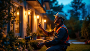 A photograph of a lighting contractor expertly installing outdoor flood bulbs in a beautifully landscaped garden at dusk