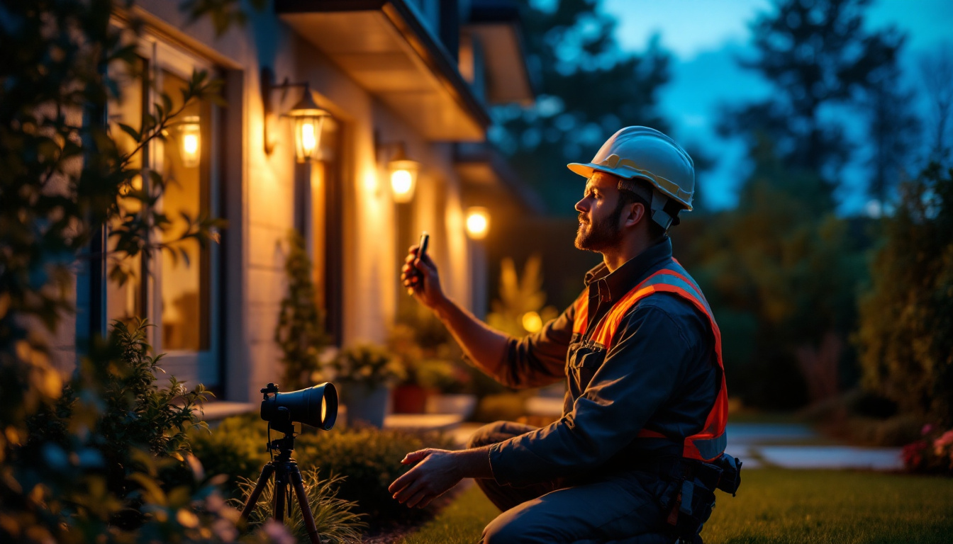 A photograph of a lighting contractor expertly installing outdoor flood bulbs in a beautifully landscaped garden at dusk