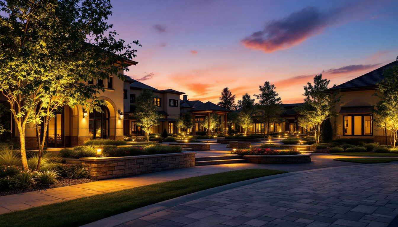 A photograph of a beautifully illuminated commercial landscape at dusk