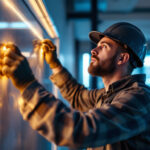 A photograph of a professional lighting contractor installing high-quality led strip lights in a modern interior space