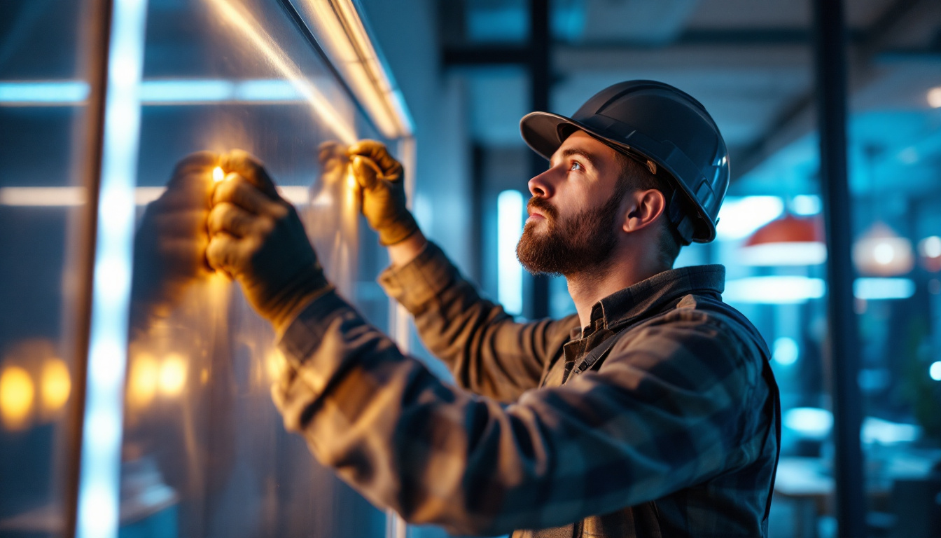 A photograph of a professional lighting contractor installing high-quality led strip lights in a modern interior space