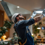 A photograph of a skilled lighting contractor installing led surface mount lights in a modern interior space