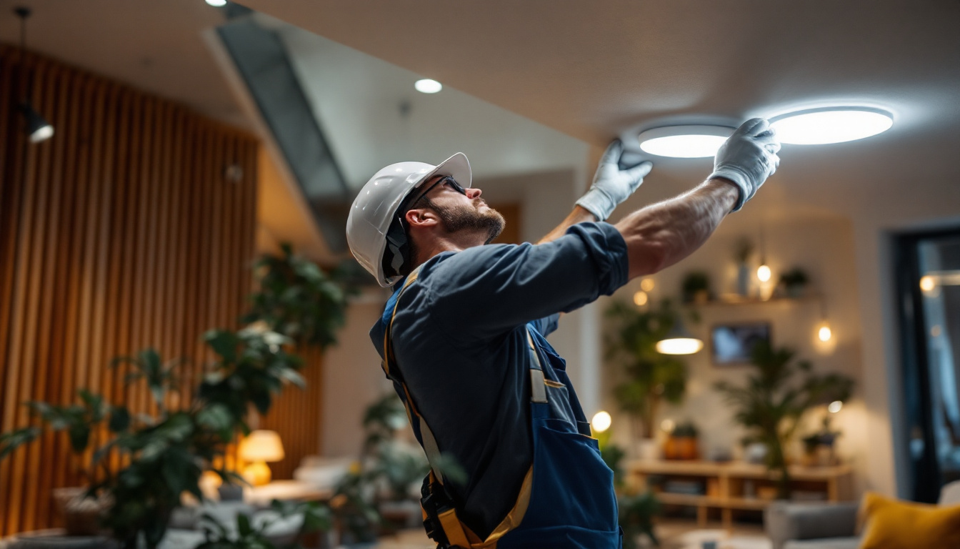 A photograph of a skilled lighting contractor installing led surface mount lights in a modern interior space