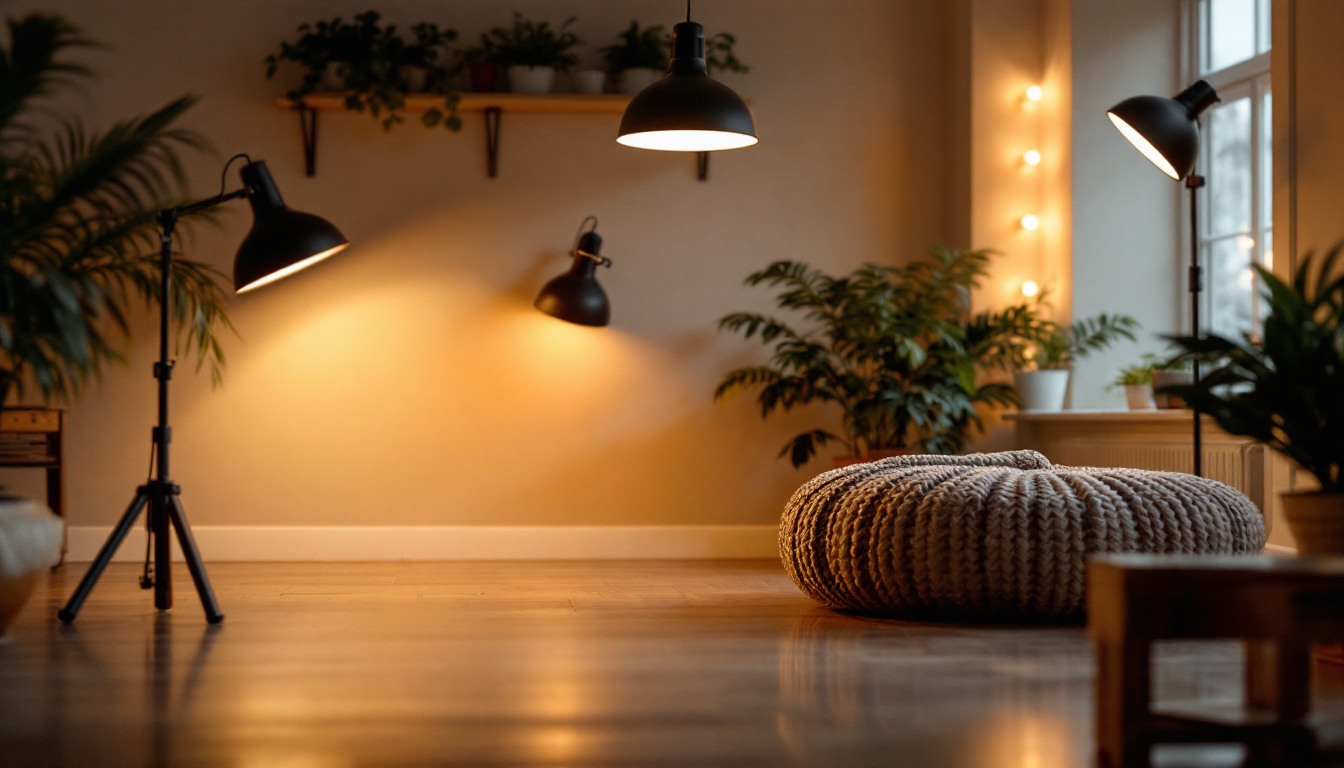 A photograph of a well-lit interior space showcasing various types of can lights in different styles and settings