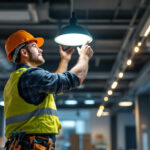 A photograph of a lighting contractor expertly installing energy-efficient led fixtures in a modern commercial space