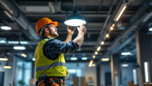A photograph of a lighting contractor expertly installing energy-efficient led fixtures in a modern commercial space