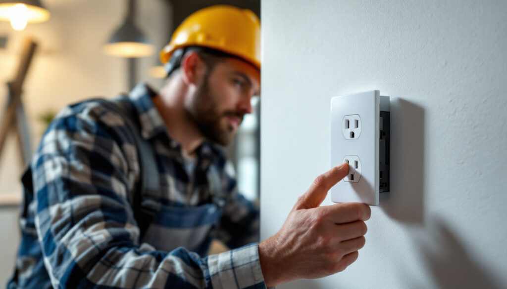 A photograph of a lighting contractor installing an electrical outlet socket in a well-lit