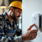 A photograph of a lighting contractor installing an electrical outlet socket in a well-lit