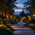 A photograph of a beautifully illuminated garden at dusk
