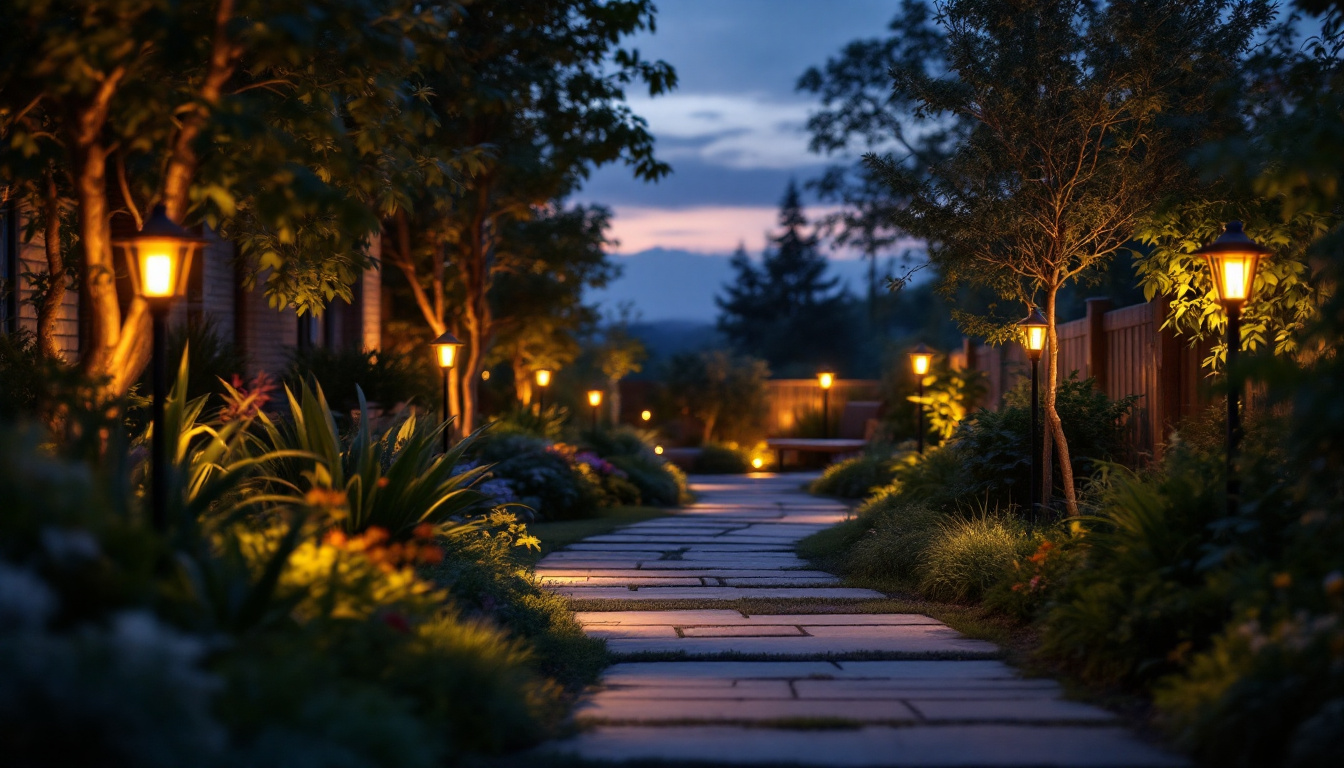A photograph of a beautifully illuminated garden at dusk