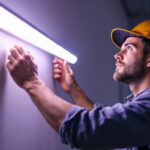 A photograph of a lighting contractor expertly installing or replacing a 4-foot fluorescent bulb in a commercial or residential setting