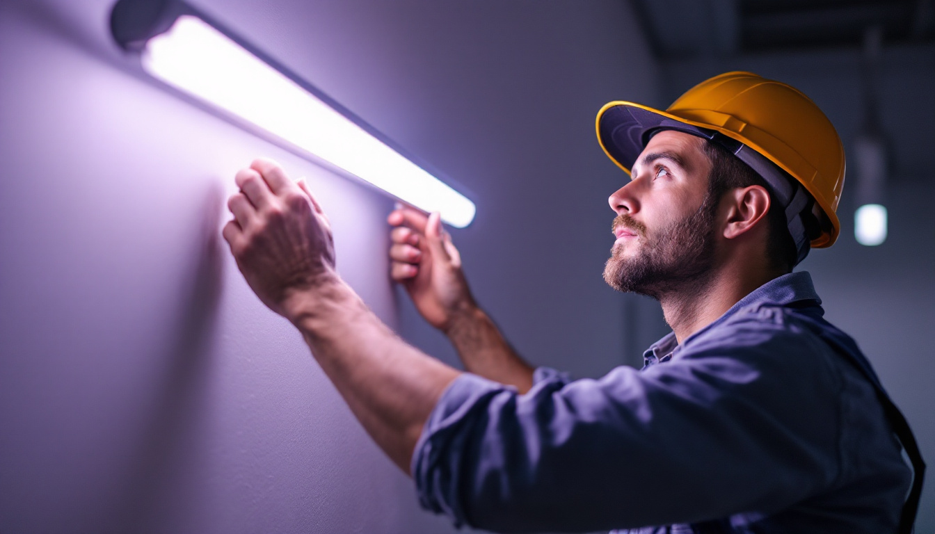 A photograph of a lighting contractor expertly installing or replacing a 4-foot fluorescent bulb in a commercial or residential setting