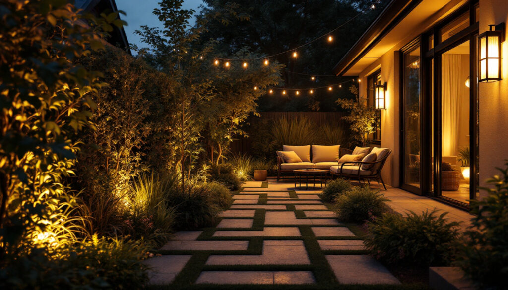A photograph of a well-lit outdoor space featuring solar-powered lights in action