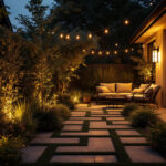A photograph of a well-lit outdoor space featuring solar-powered lights in action