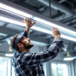 A photograph of a lighting contractor installing or adjusting a 4 ft fluorescent light fixture in a commercial setting