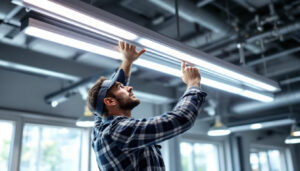 A photograph of a lighting contractor installing or adjusting a 4 ft fluorescent light fixture in a commercial setting