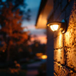 A photograph of a lighting contractor installing bright led security lights on a residential property at dusk