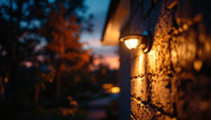 A photograph of a lighting contractor installing bright led security lights on a residential property at dusk