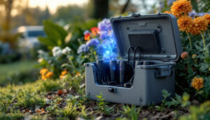 A photograph of a well-organized outdoor weatherproof box housing deco mesh lighting components