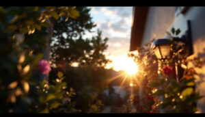 A photograph of a lighting contractor installing solar outdoor lights in a residential garden during the golden hour