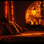 A photograph of a cozy interior space illuminated by warm amber lighting