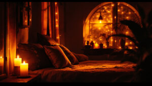 A photograph of a cozy interior space illuminated by warm amber lighting