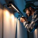 A photograph of a lighting contractor working on an installation of stylish rail lights in a modern setting