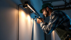 A photograph of a lighting contractor working on an installation of stylish rail lights in a modern setting